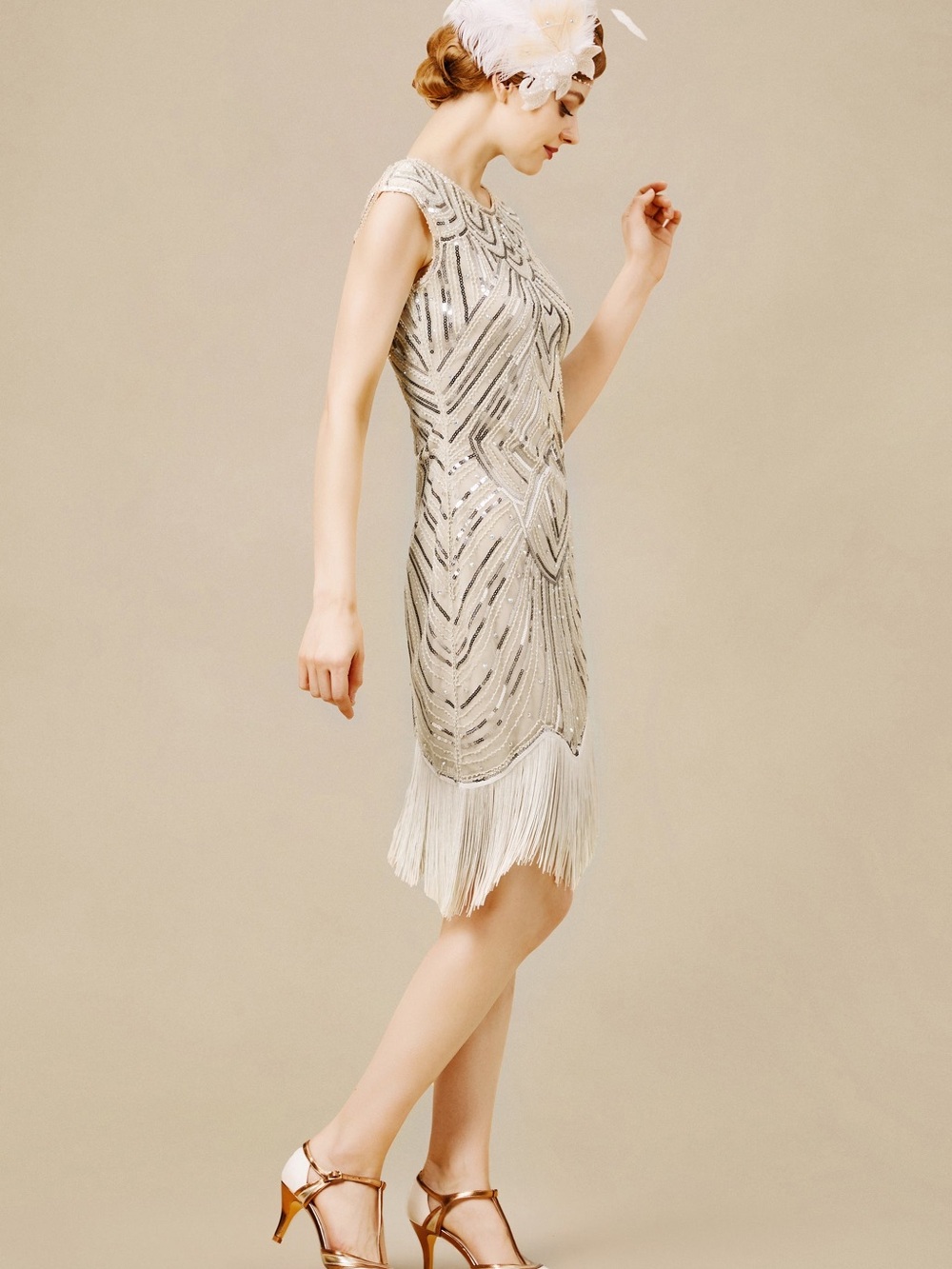 ELEGANT Babeyond/ Beaded Fringe Cocktail Dress in Cream/ L/ Ptp-18-19” - Picture 4 of 6